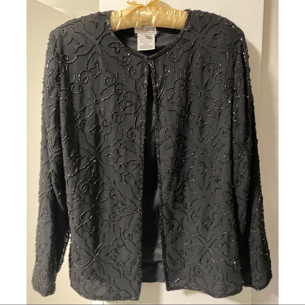 J Kara Petite Cardigan Black Beaded with Shoulder Pads Formal Gala Wear